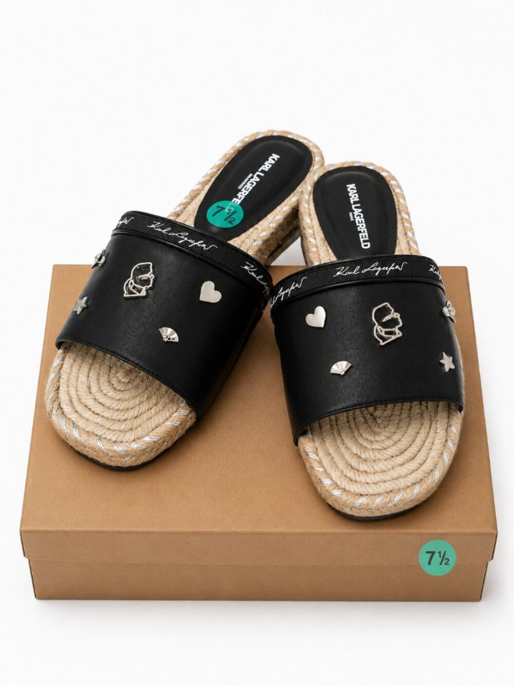 Karl Lagerfeld Paris Tulia Black Espadrille Slide Sandals Charms Womens 7.5 NEW